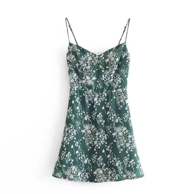 - Green floral suspender A-line dress  GEU1301