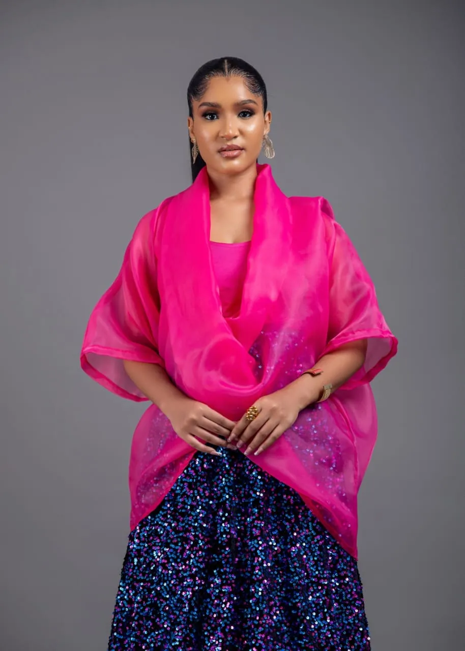 3- piece Casablanca pink Twist Top With Maxi flare Sequin Skirt Set (pink) and inner