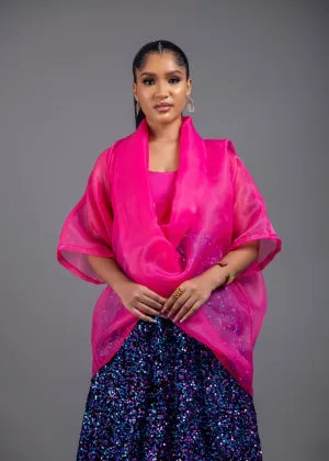 3- piece Casablanca pink Twist Top With Maxi flare Sequin Skirt Set (pink) and inner