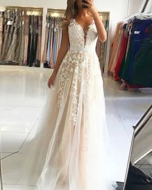 A Line Tule Lace Long Champagne Prom Dresses Beading Belt