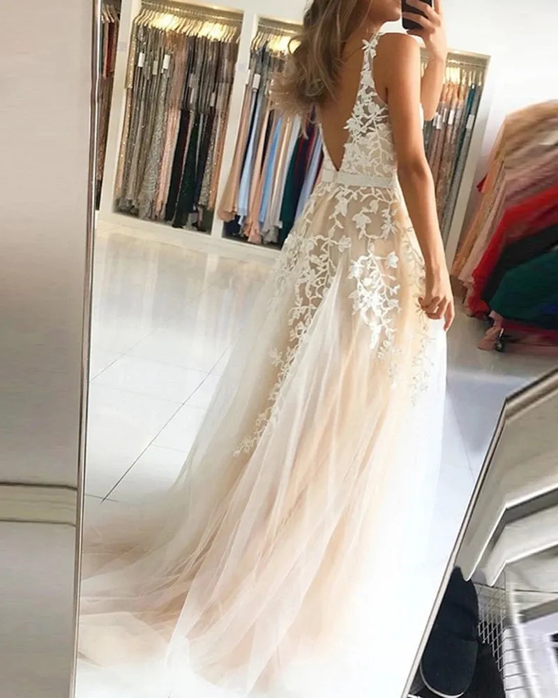 A Line Tule Lace Long Champagne Prom Dresses Beading Belt