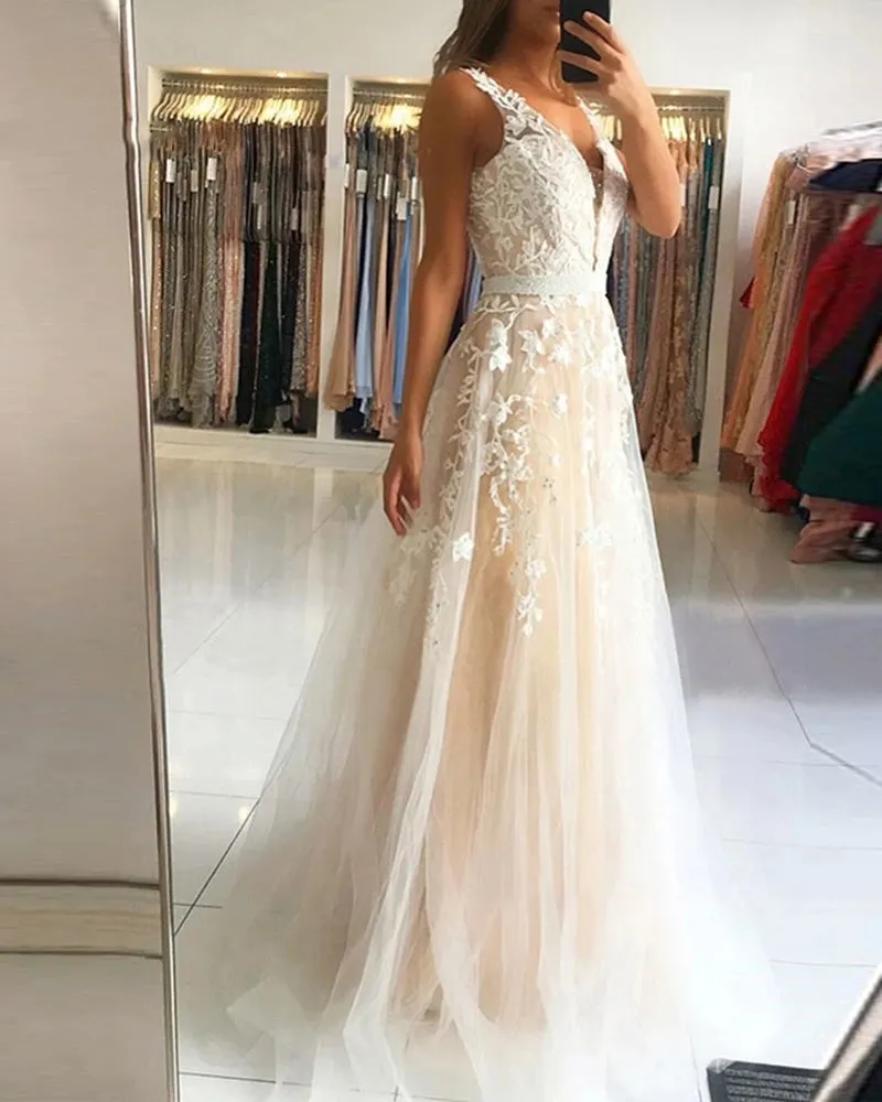 A Line Tule Lace Long Champagne Prom Dresses Beading Belt