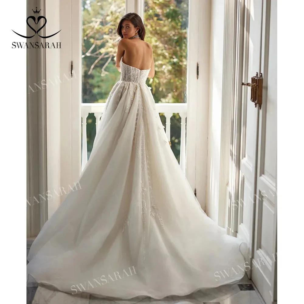 A-Line Wedding Dress Shiny Appliques Split Vintage Princess Bride Gown