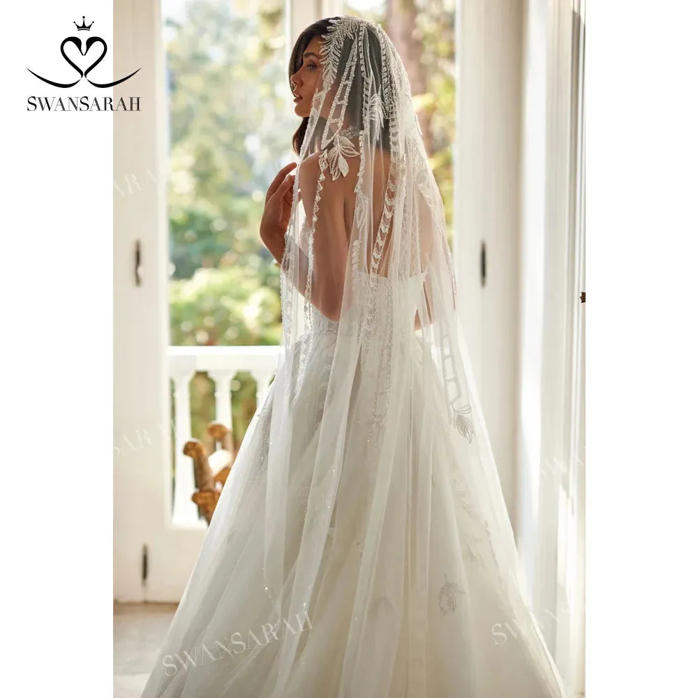 A-Line Wedding Dress Shiny Appliques Split Vintage Princess Bride Gown