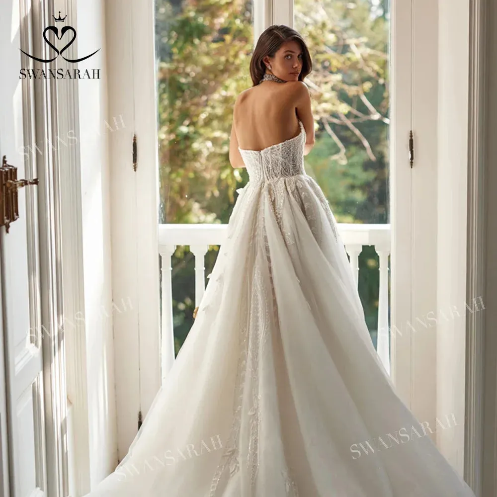 A-Line Wedding Dress Shiny Appliques Split Vintage Princess Bride Gown