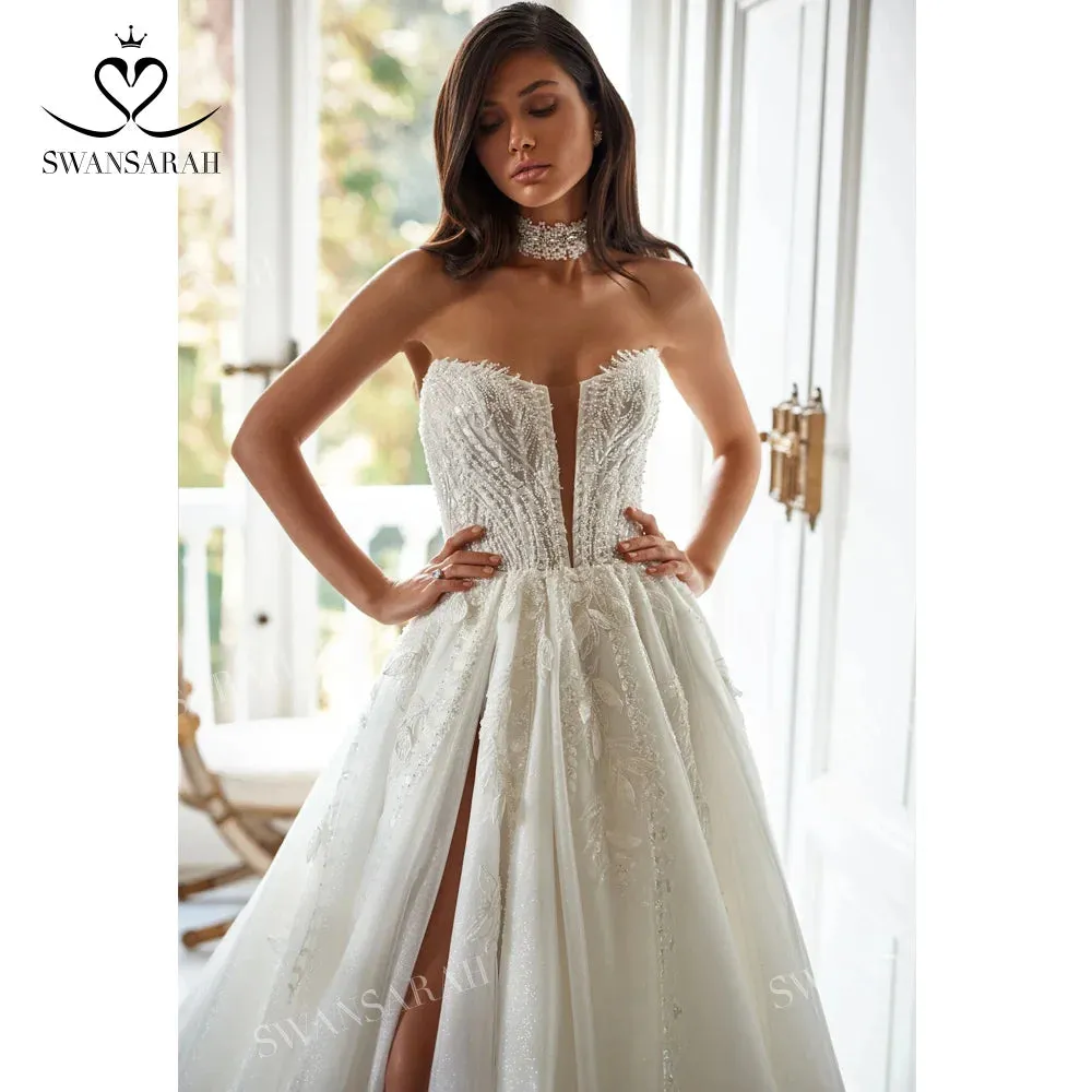 A-Line Wedding Dress Shiny Appliques Split Vintage Princess Bride Gown