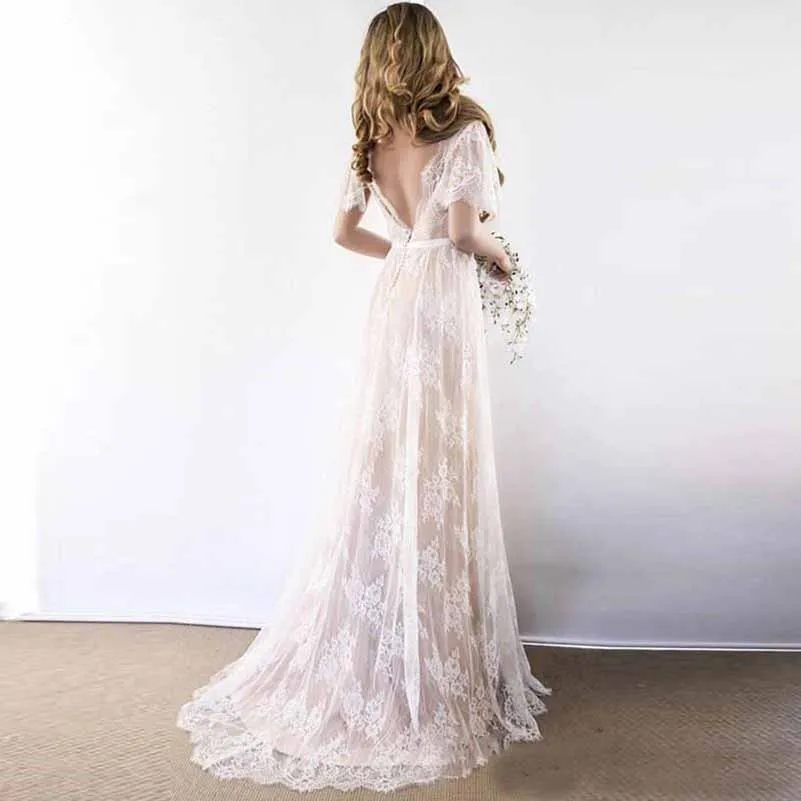 A-Line/Princess Lace Sash/Ribbon V-neck Short Sleeves Sweep/Brush Train Wedding Dresses