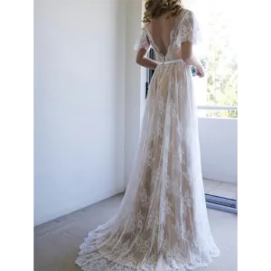 A-Line/Princess Lace Sash/Ribbon V-neck Short Sleeves Sweep/Brush Train Wedding Dresses