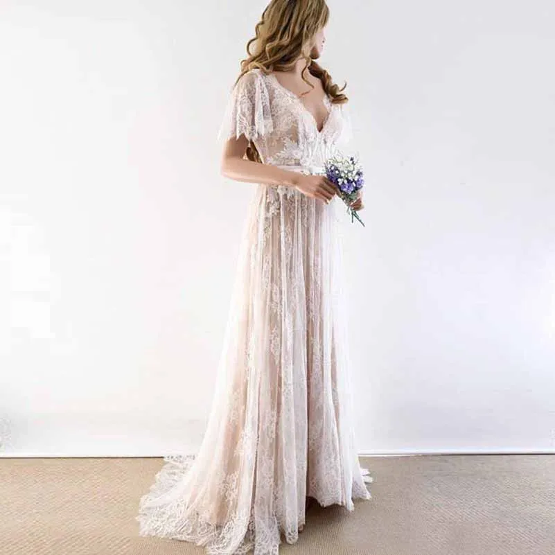 A-Line/Princess Lace Sash/Ribbon V-neck Short Sleeves Sweep/Brush Train Wedding Dresses