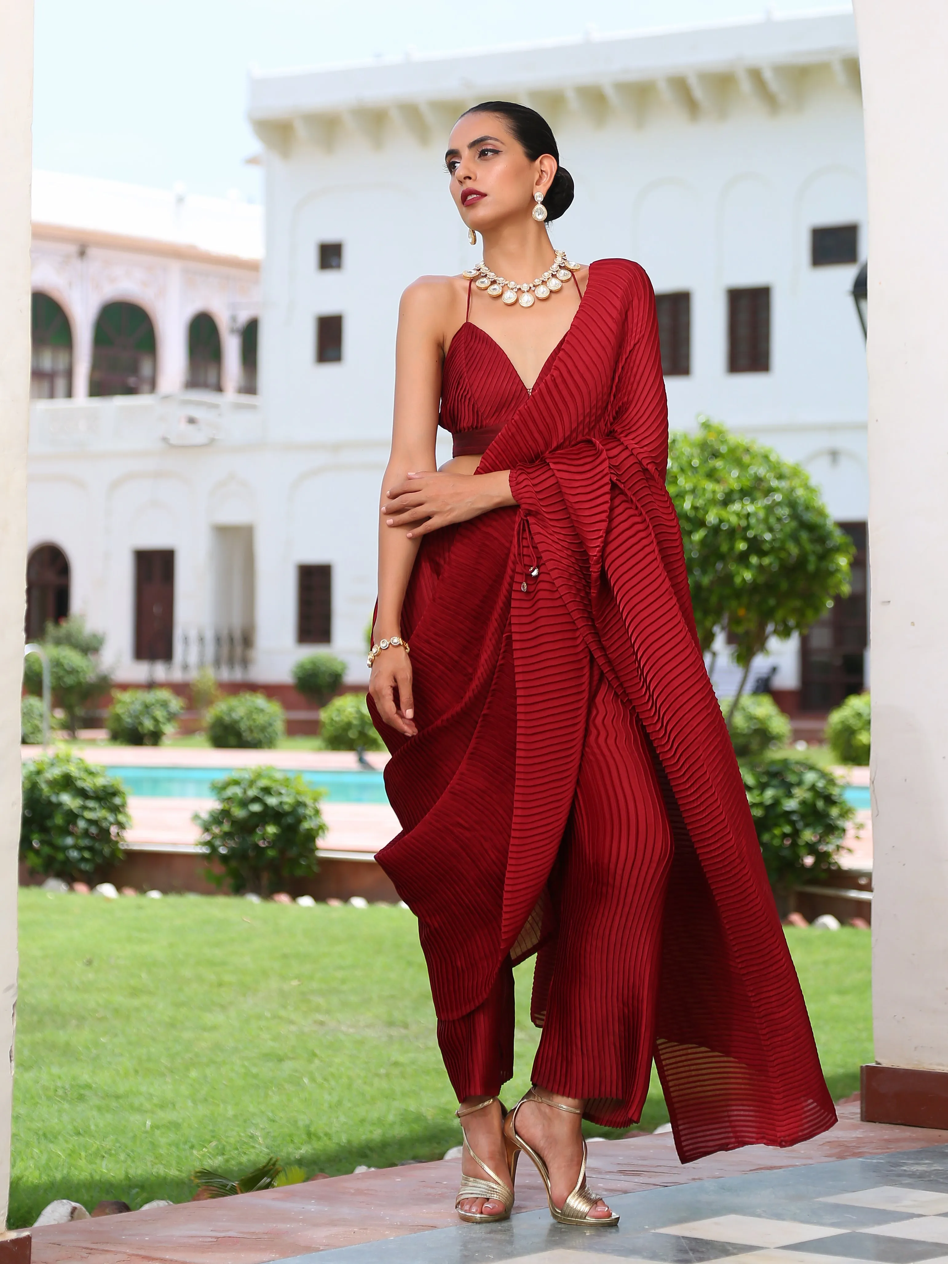 Accordion Maroon Pre-draped Saree with Self Arm-Tie