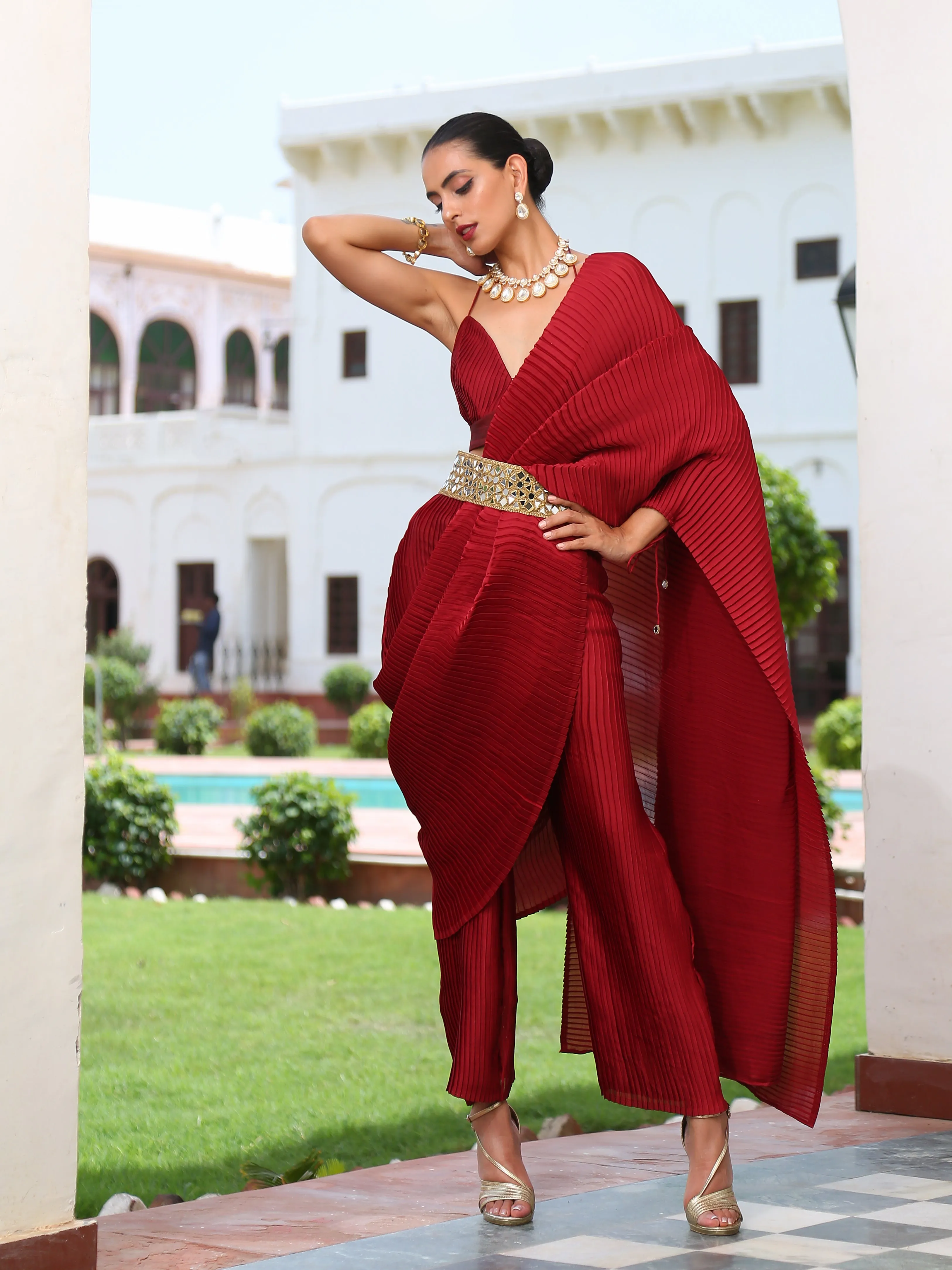 Accordion Maroon Pre-draped Saree with Self Arm-Tie
