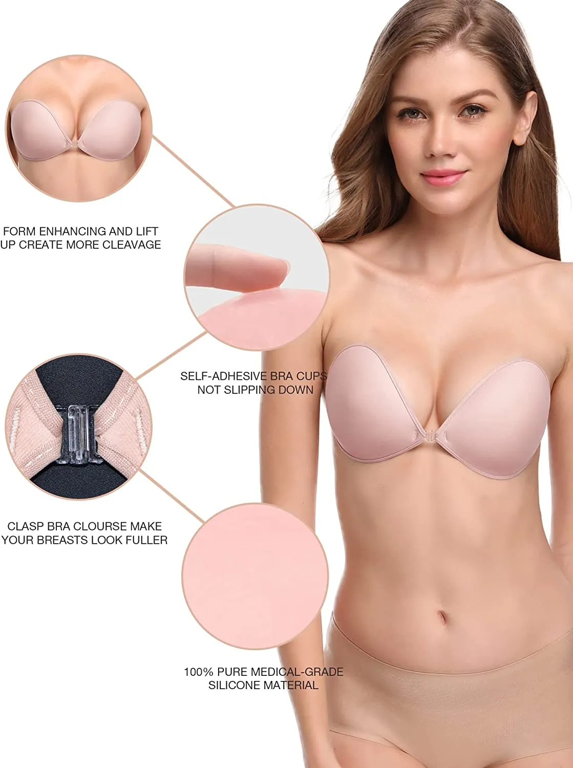 Adhesive Waterproof Push-up Reusable Self Silicone Bra Light Pink