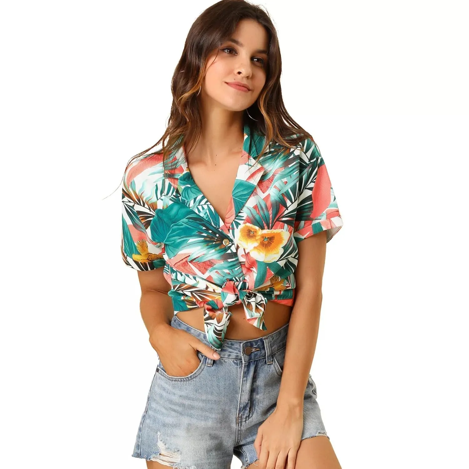 ALLEGRA K Women's Floral Leaf Button Down Hawaiian Beach Shirt ,  white