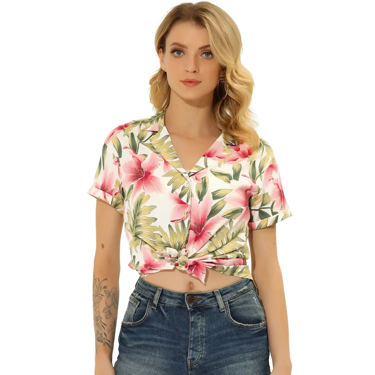ALLEGRA K Women's Floral Leaf Button Down Hawaiian Beach Shirt , white/pink