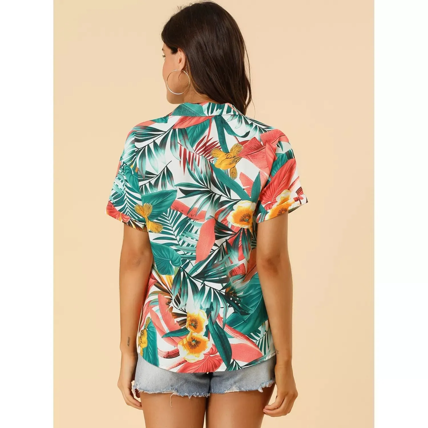 ALLEGRA K Women's Floral Leaf Button Down Hawaiian Beach Shirt , white/pink