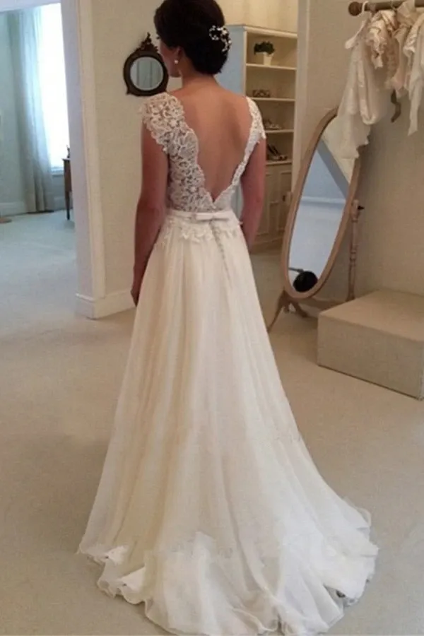 Anneprom A-Line Lace Top Backless Long Beach Wedding Dress Ball Gowns APW0028