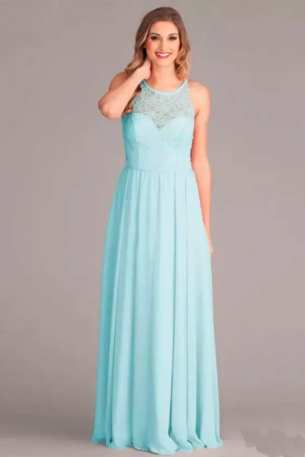 Anneprom A-Line V-Neck Floor-Length Mint Chiffon Bridesmaid Dress With Lace APB0088