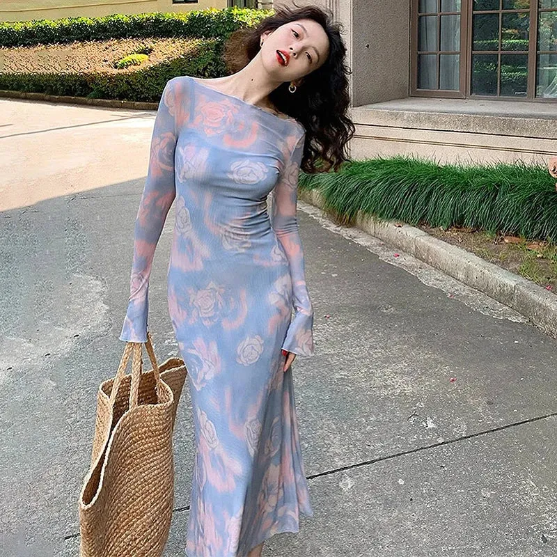 Autumn Fashion Print Maxi Bodycon Dress for Club Party