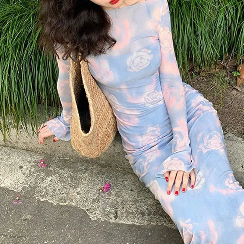 Autumn Fashion Print Maxi Bodycon Dress for Club Party