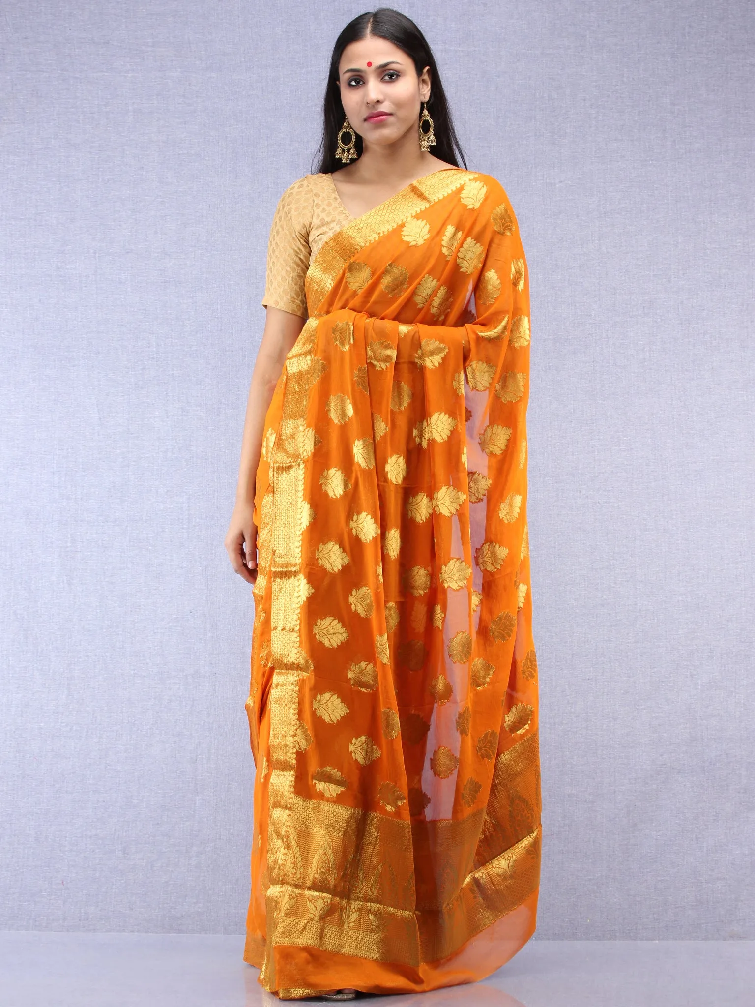 Banarasee Chiffon Saree With Golden Zari Weave  - Rust Orange & Gold - S031704401