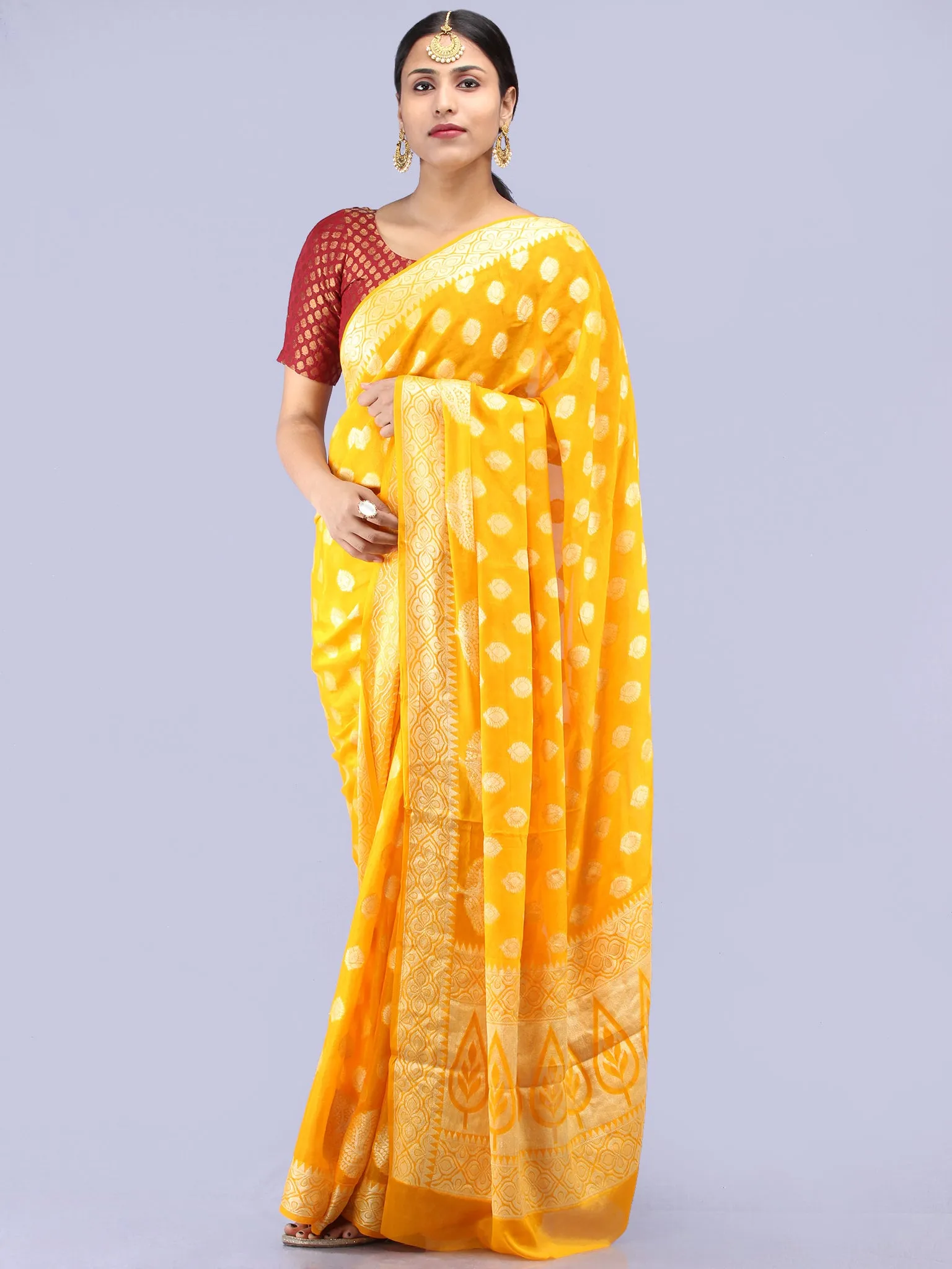 Banarasee Pure Chiffon Saree With Zari Work - Golden Yellow - S031704290