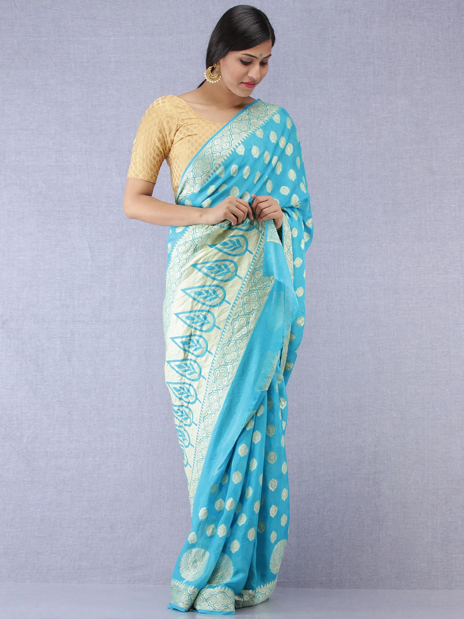 Banarasee Pure Chiffon Saree With Zari Work - Sky Blue & Gold - S031704309