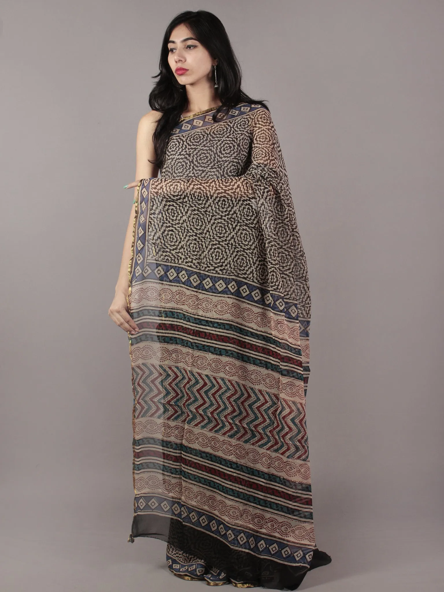 Beige Black Blue Red Hand Block Printed Chiffon Saree - S031701860