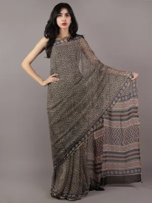 Beige Black Blue Red Hand Block Printed Chiffon Saree - S031701860