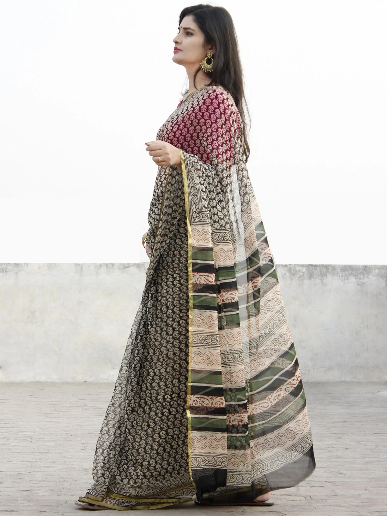 Beige Black Green Hand Block Printed Chiffon Saree - S031702572