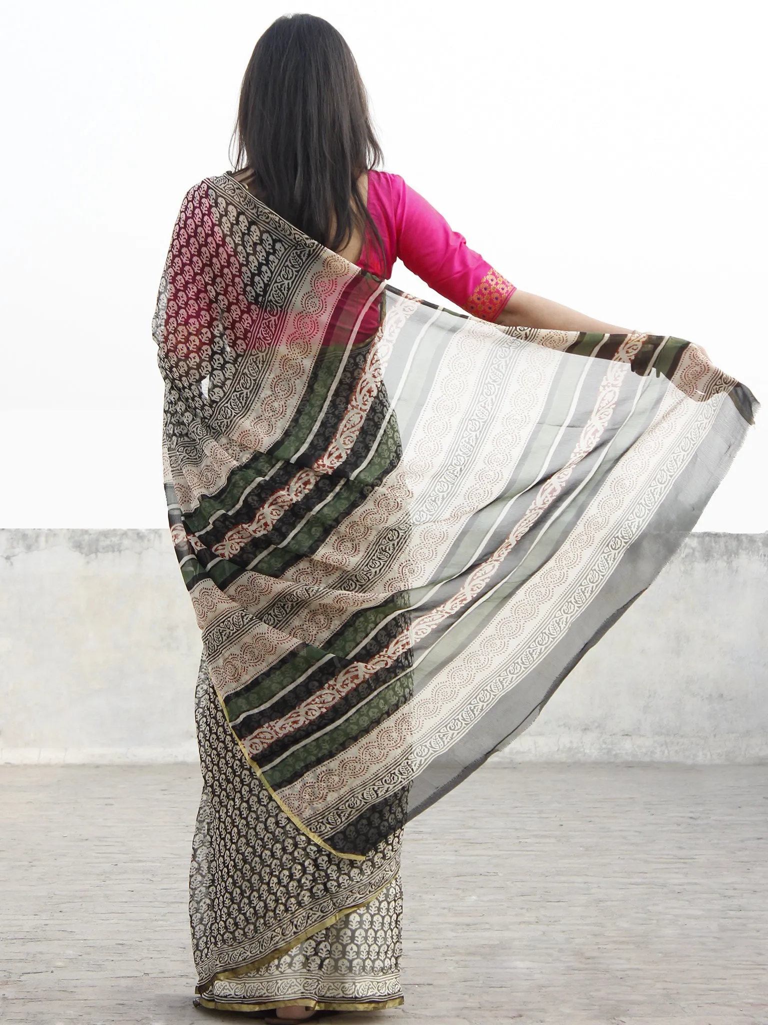 Beige Black Green Hand Block Printed Chiffon Saree - S031702572