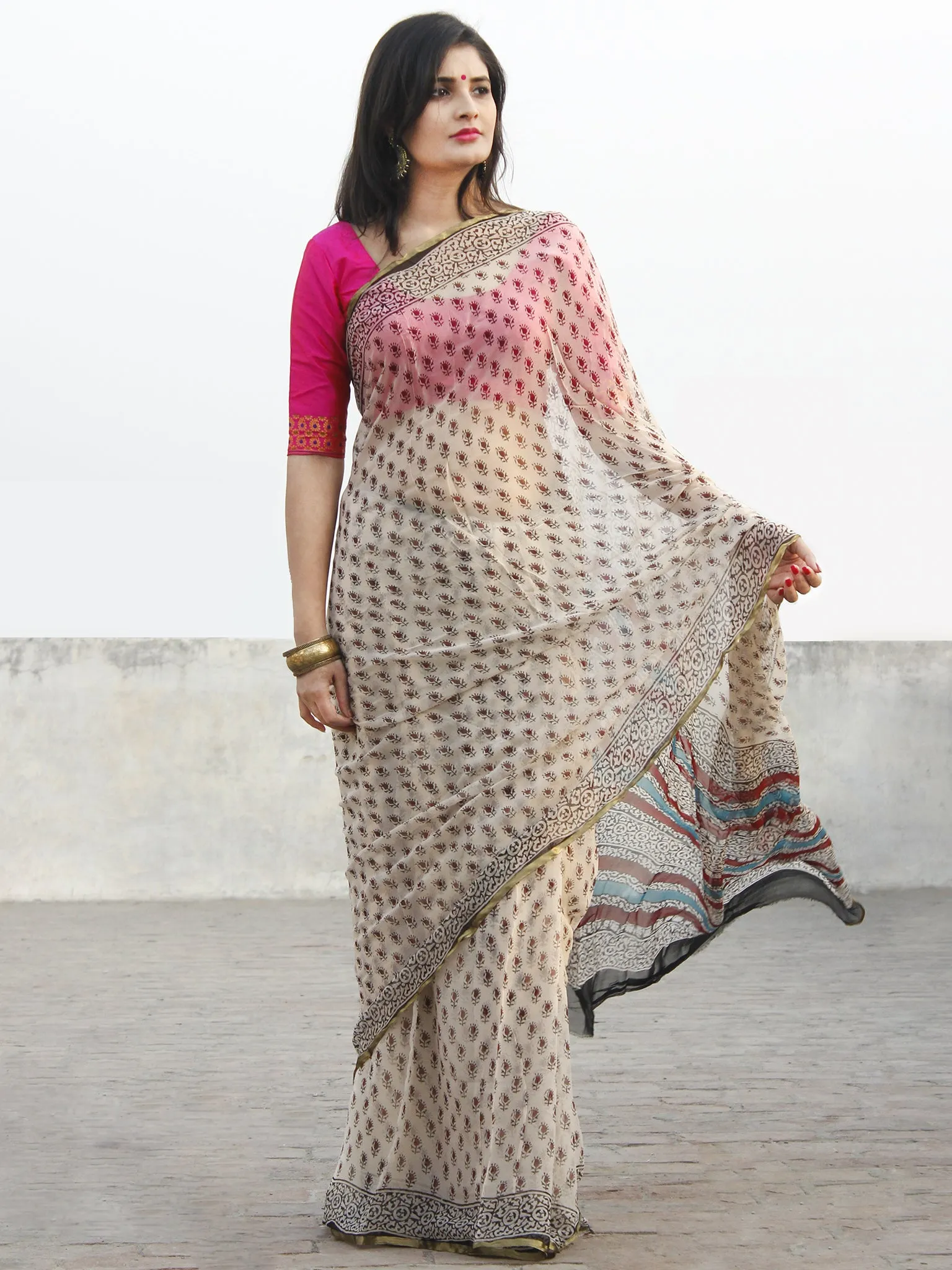 Beige Black Hand Block Printed Chiffon Saree With Zari Border- S031702575