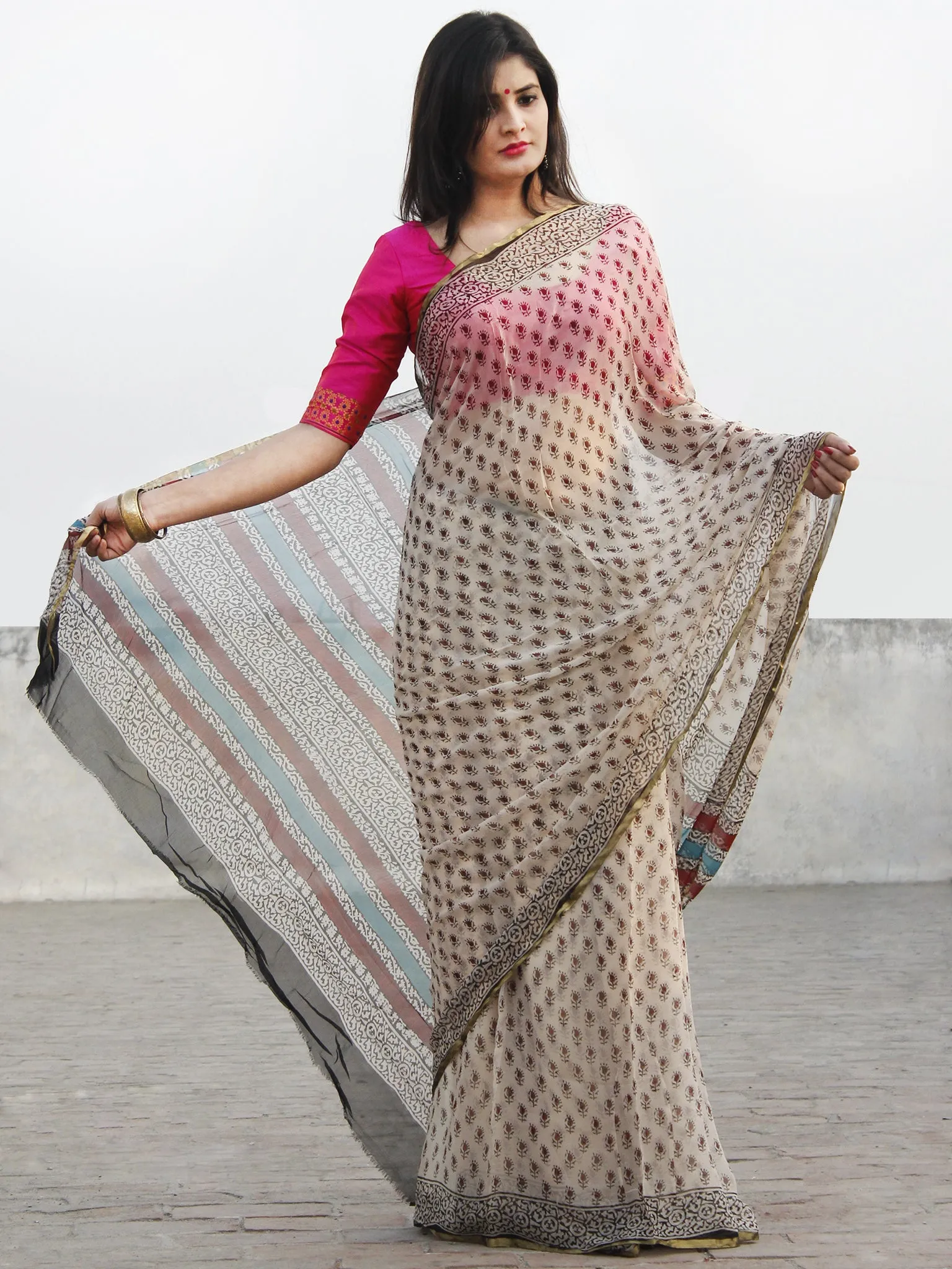 Beige Black Hand Block Printed Chiffon Saree With Zari Border- S031702575