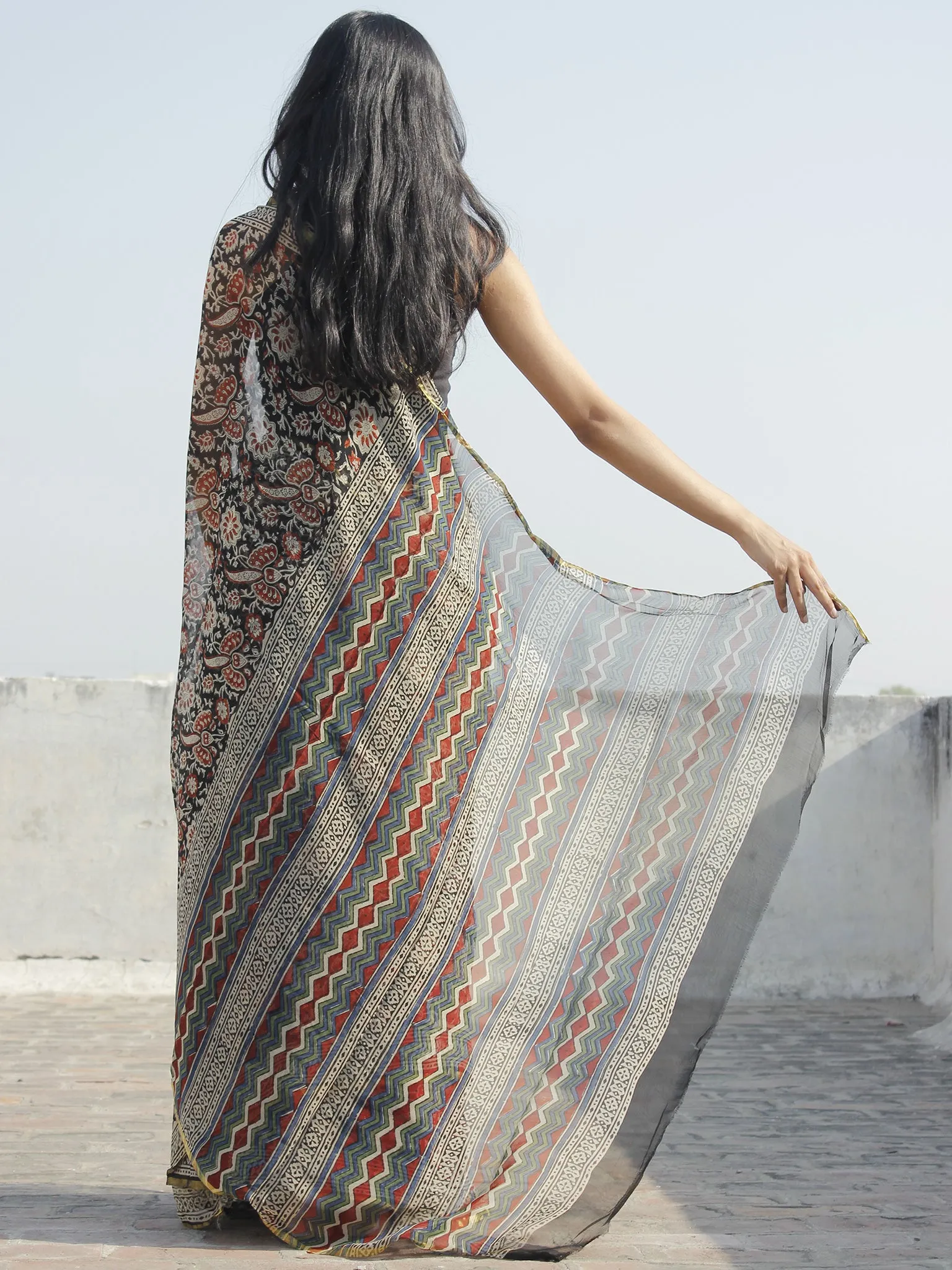 Beige Black Maroon Hand Block Printed Chiffon Saree - S031702327
