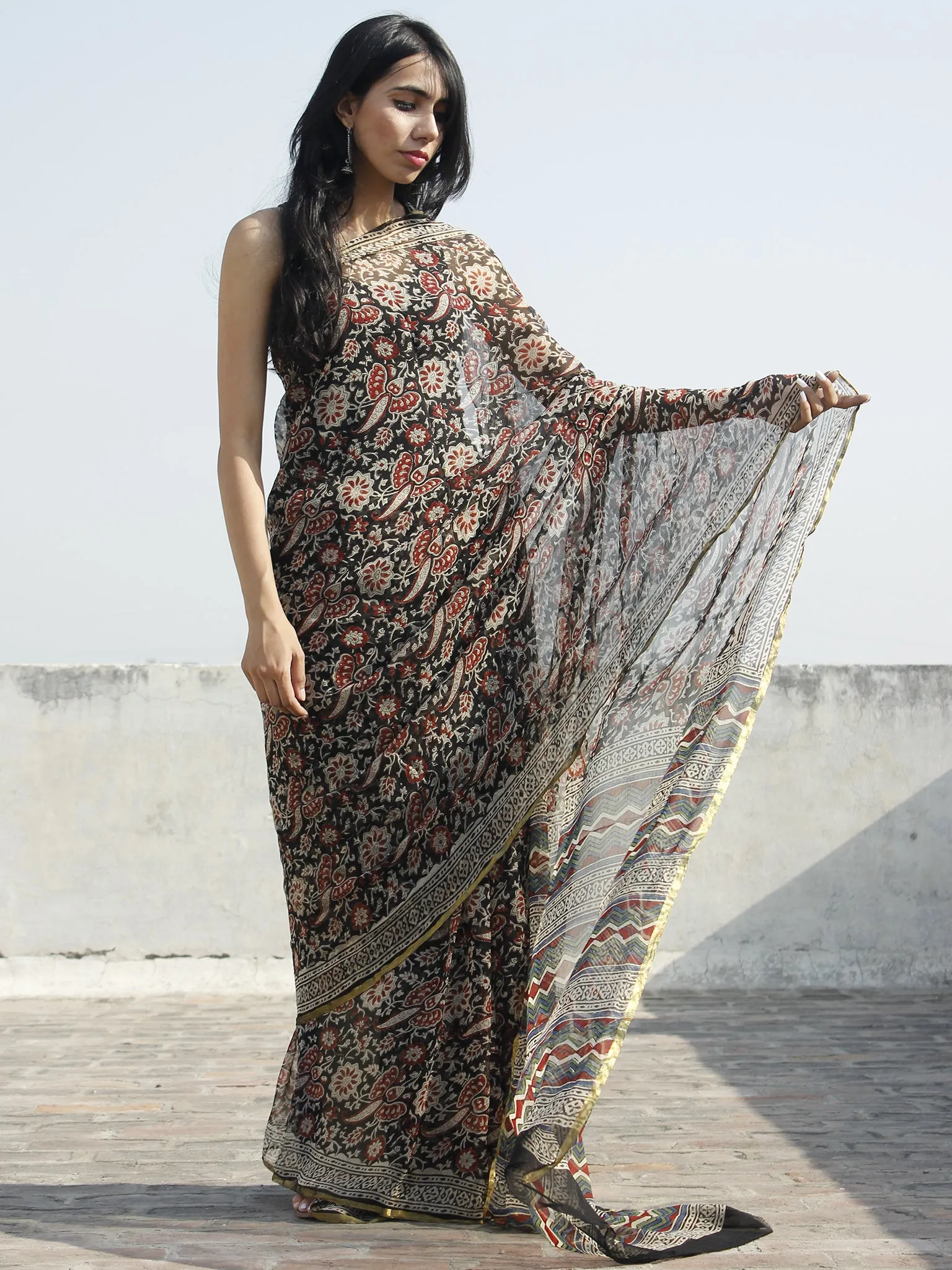 Beige Black Maroon Hand Block Printed Chiffon Saree - S031702327