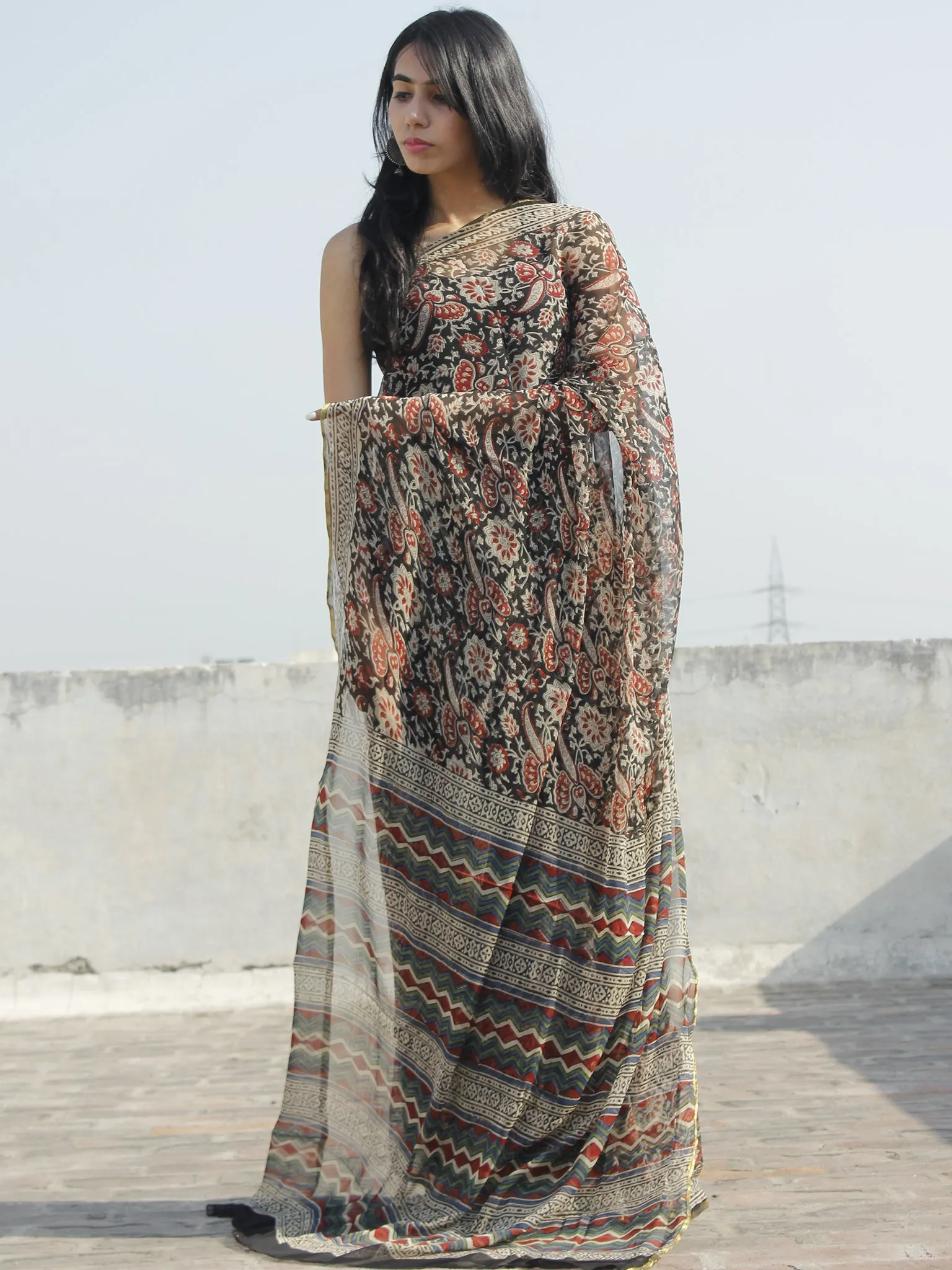 Beige Black Maroon Hand Block Printed Chiffon Saree - S031702327
