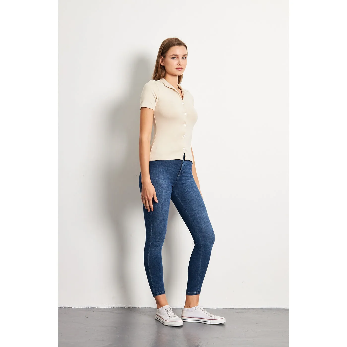 Beige Button Down Collar Top