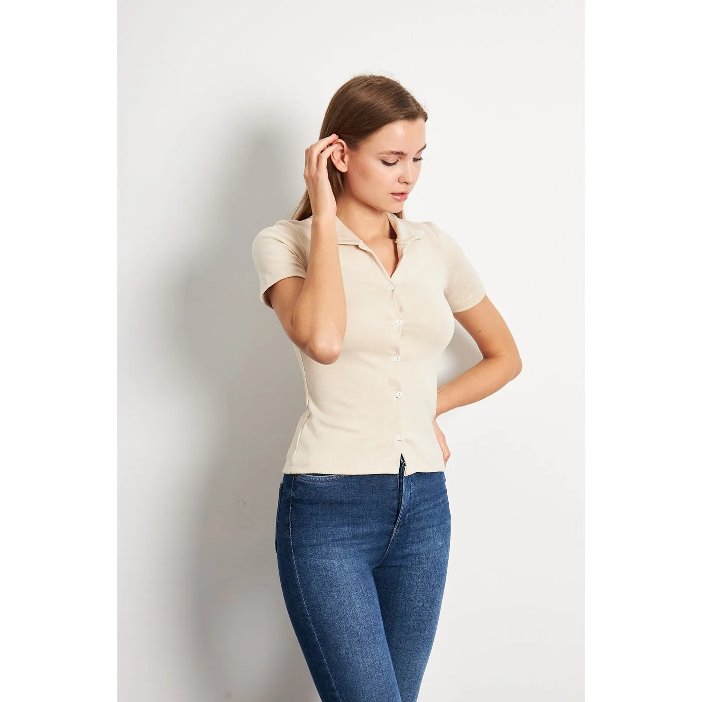 Beige Button Down Collar Top