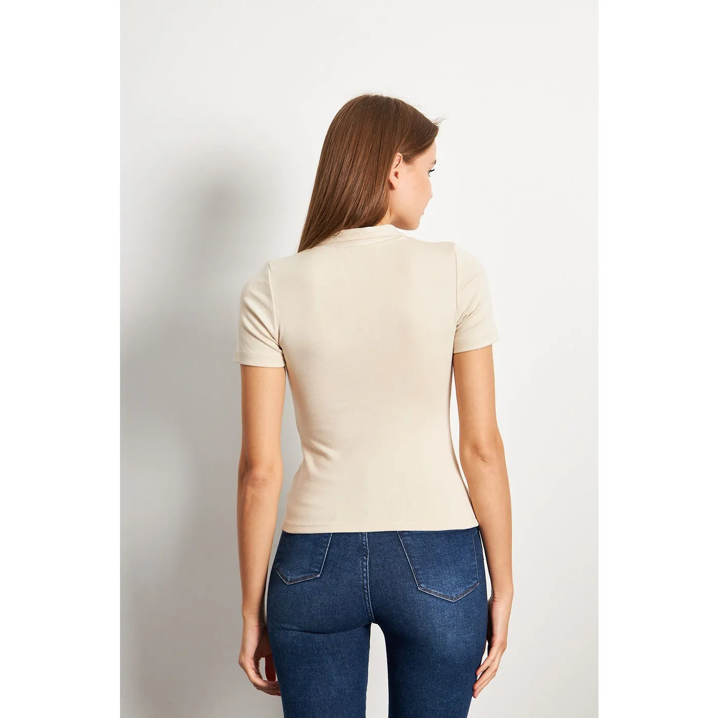 Beige Button Down Collar Top