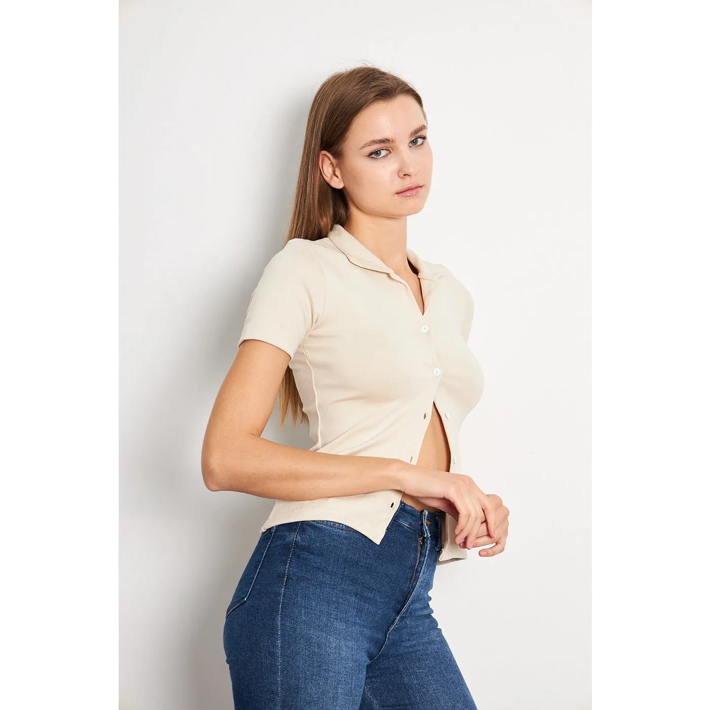 Beige Button Down Collar Top