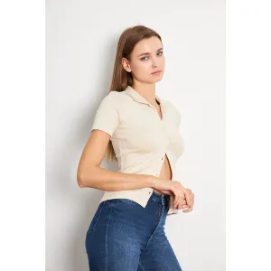 Beige Button Down Collar Top