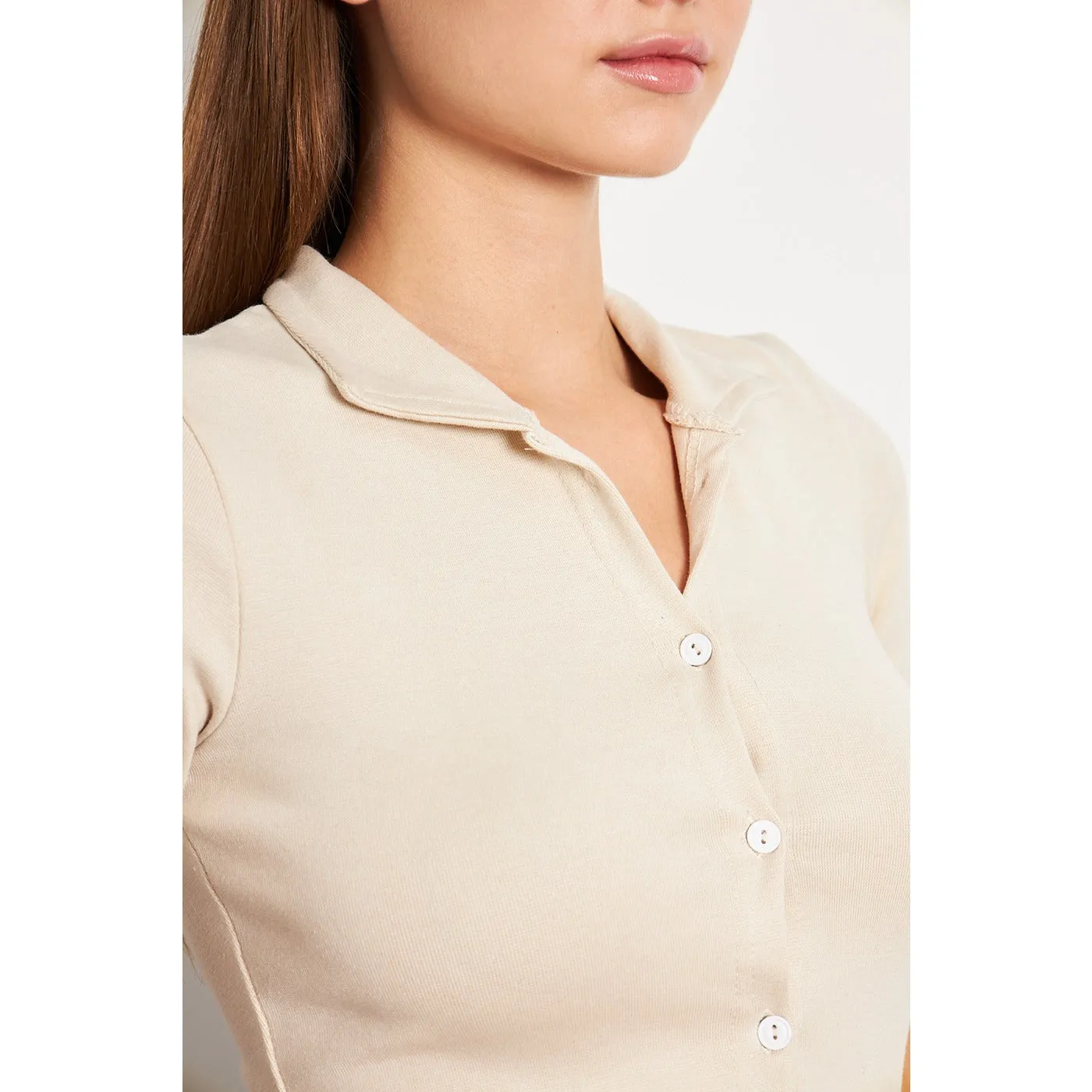 Beige Button Down Collar Top