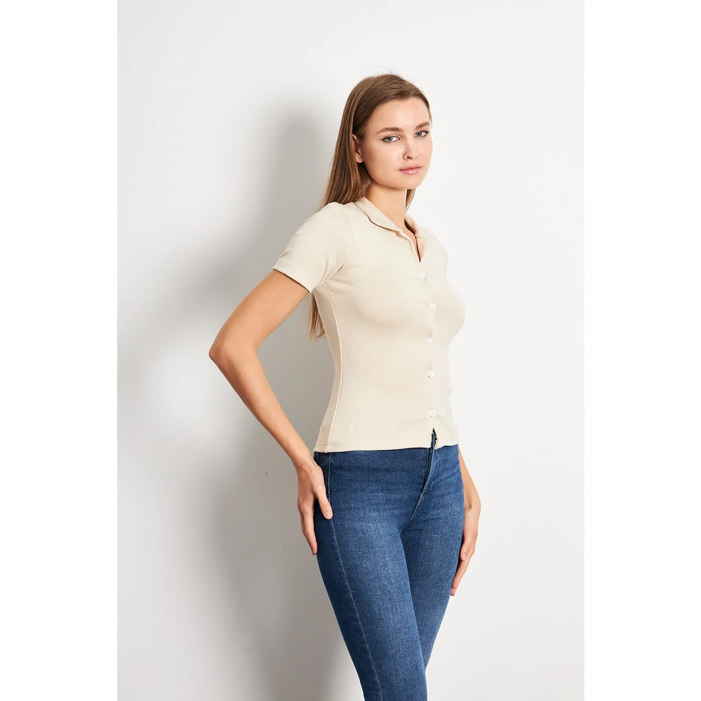 Beige Button Down Collar Top