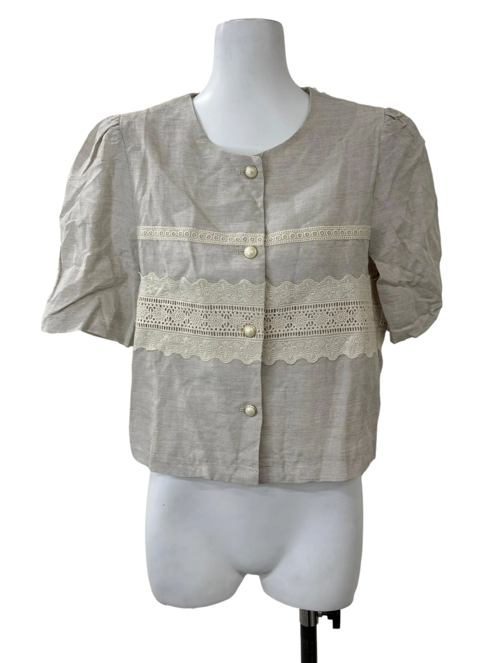 Beige Embroided Button Top