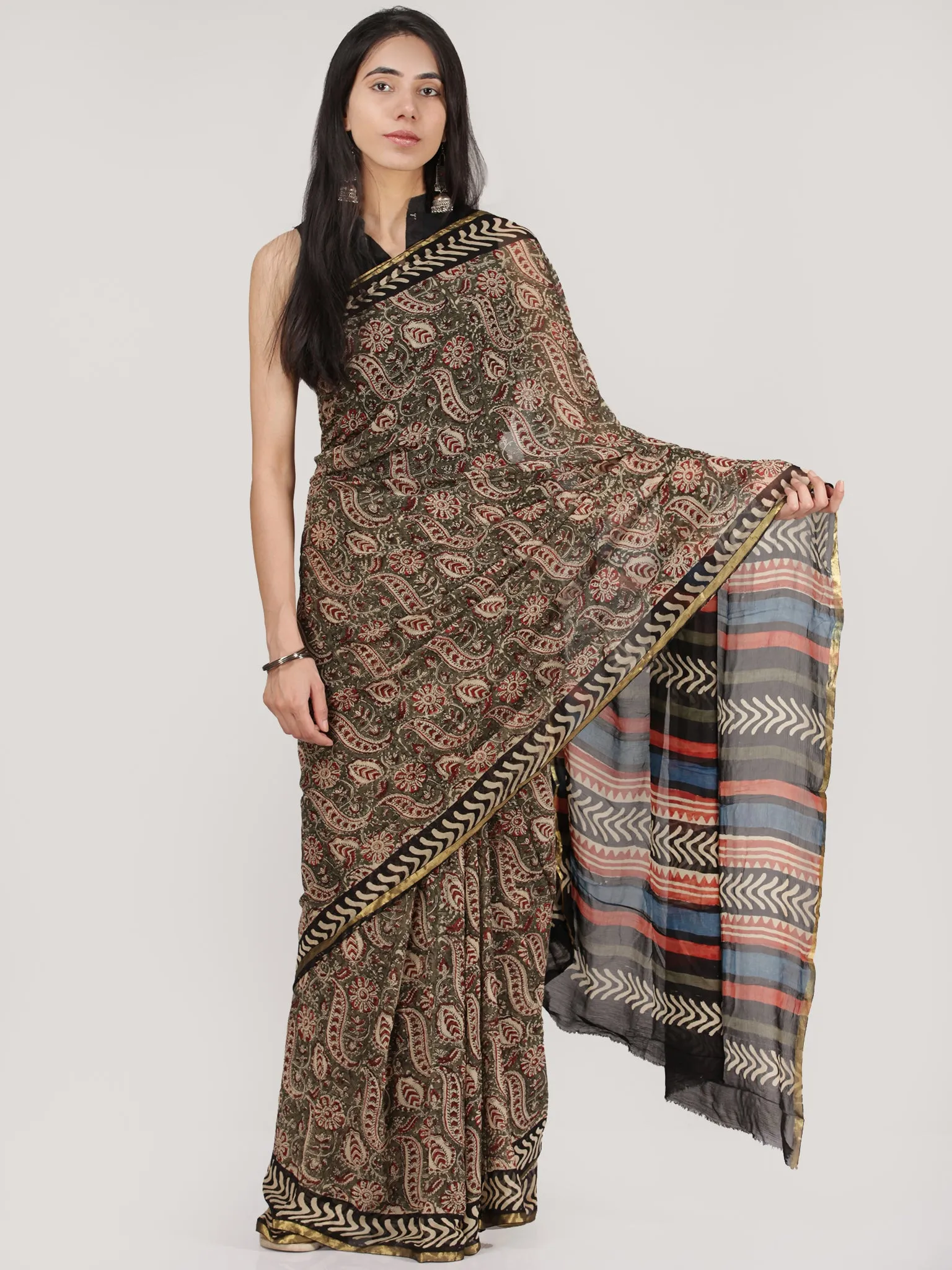 Beige Red Black Hand Block Printed Chiffon Saree With Zari Border - S031704689