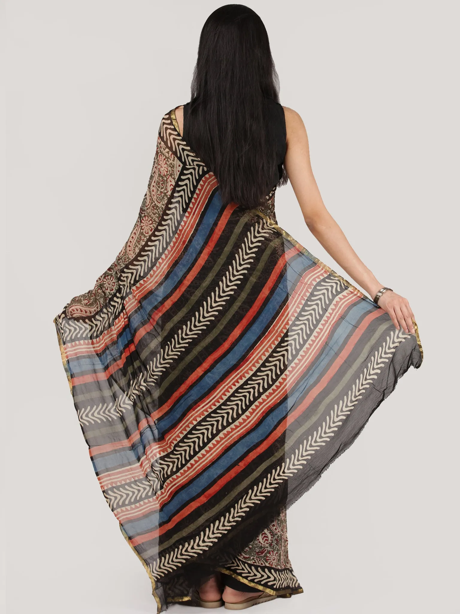 Beige Red Black Hand Block Printed Chiffon Saree With Zari Border - S031704689