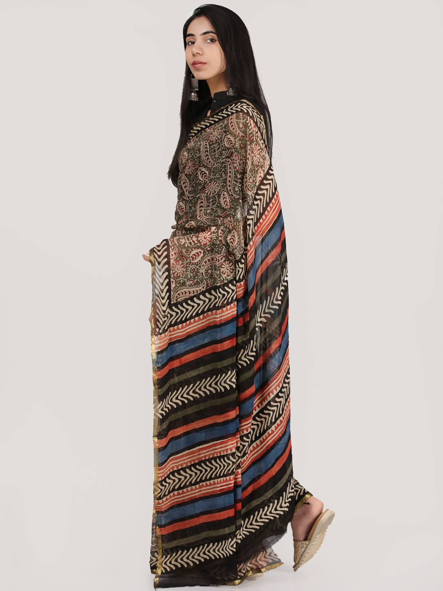 Beige Red Black Hand Block Printed Chiffon Saree With Zari Border - S031704689