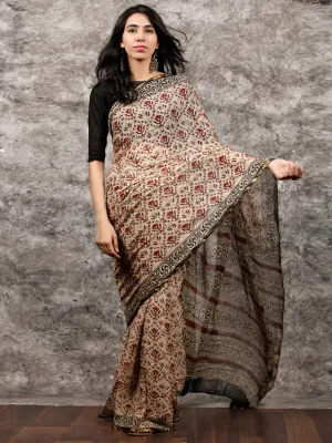 Beige Rust Brown Black Hand Block Printed Chiffon Saree with Zari Border - S031703494
