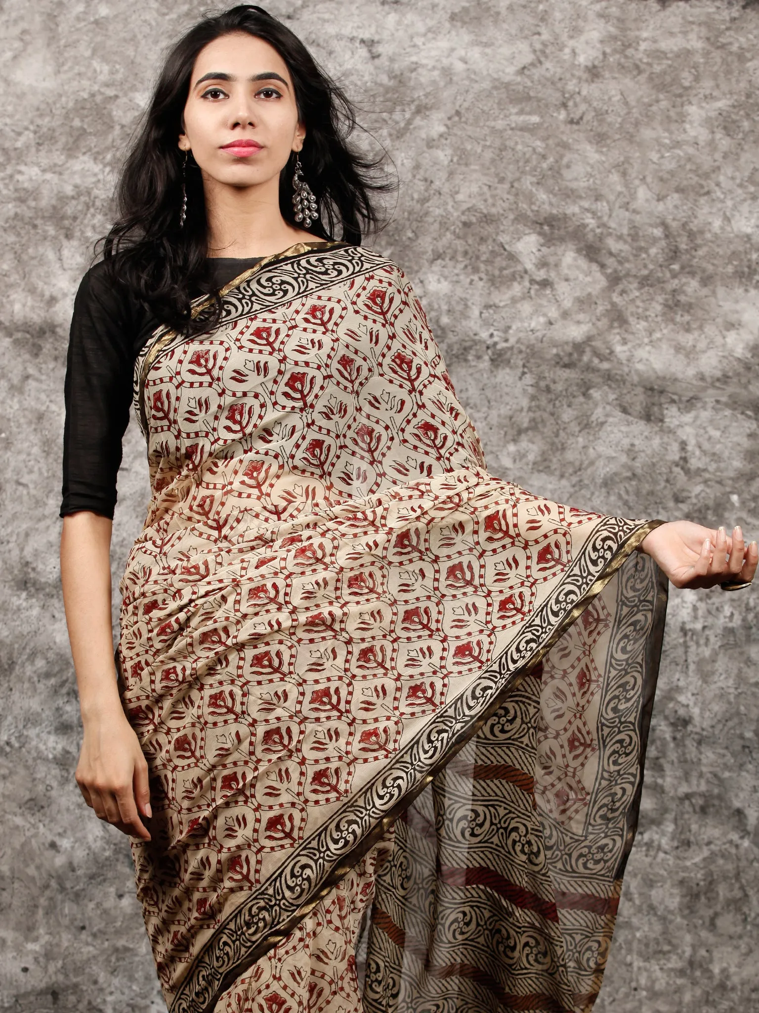 Beige Rust Brown Black Hand Block Printed Chiffon Saree with Zari Border - S031703494
