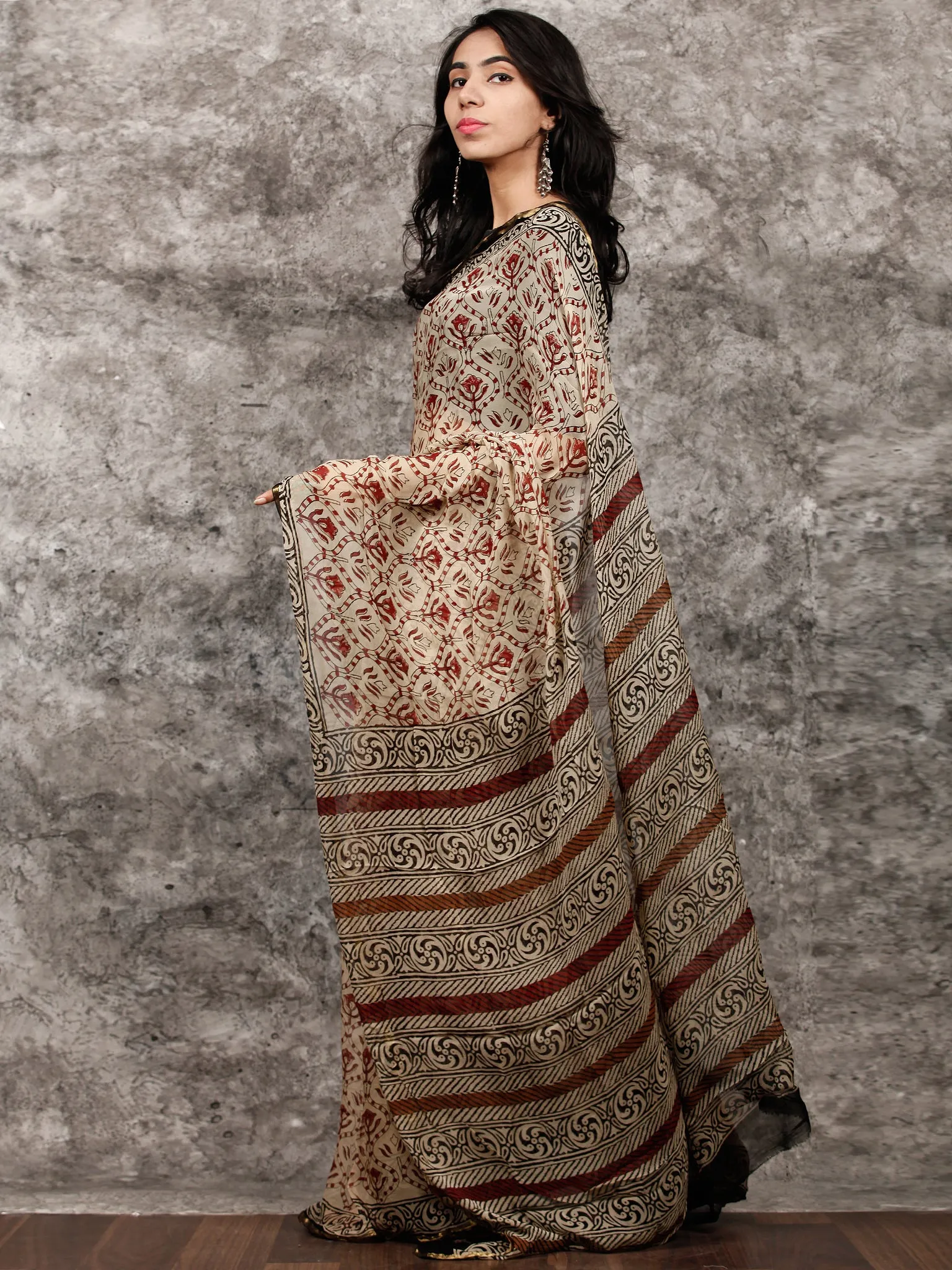 Beige Rust Brown Black Hand Block Printed Chiffon Saree with Zari Border - S031703494