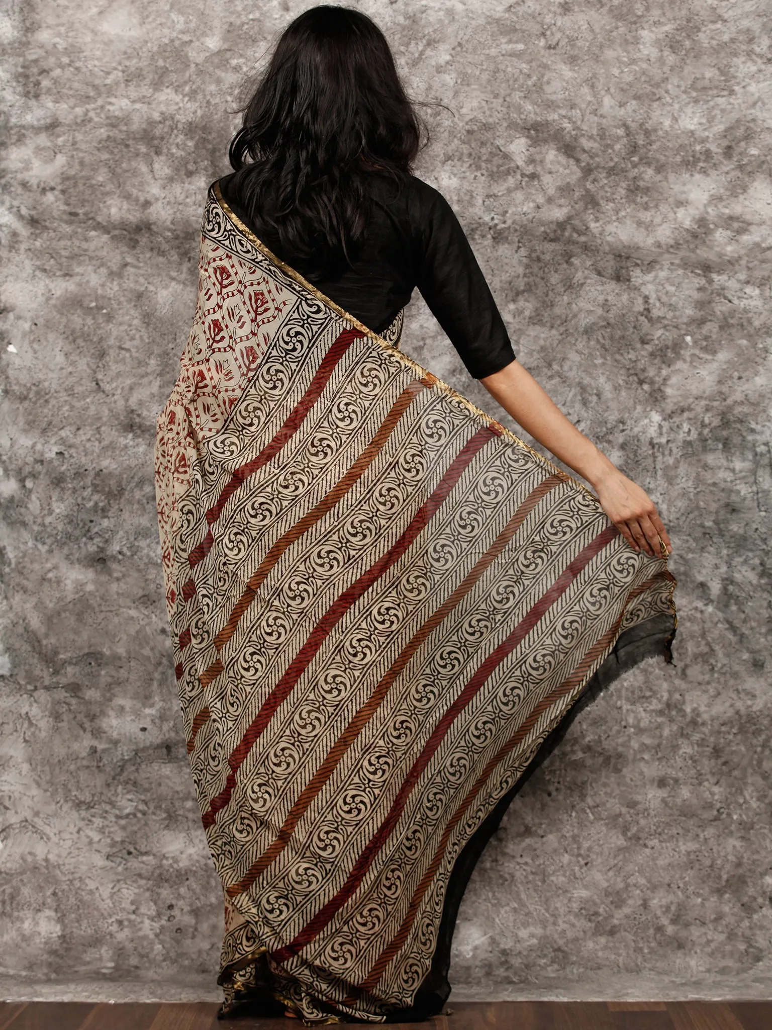 Beige Rust Brown Black Hand Block Printed Chiffon Saree with Zari Border - S031703494